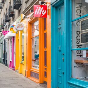 storefront signs along shopping area