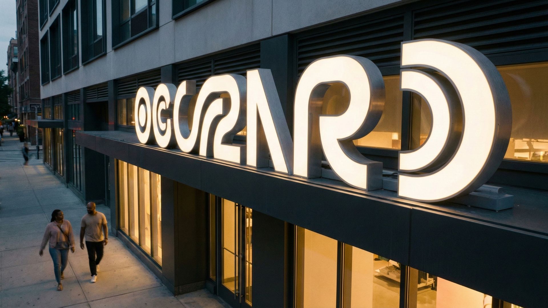 A modern retail store exterior at twilight featuring glowing, three-dimensional architectural signage above the entrance and pedestrians on the sidewalk.