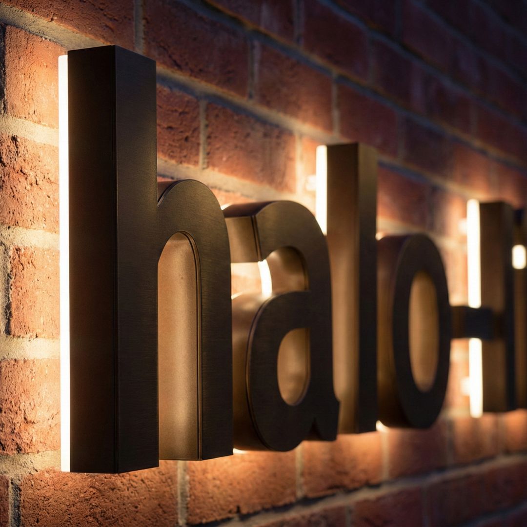 A close-up view of dimensional metal signage mounted on brick, featuring reverse halo lighting that casts a glow on the wall behind the letters.