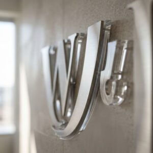 A detailed close-up shot focusing on the high-quality textures of brushed metal and clear acrylic layered to create elegant dimensional signage on a subtle lobby feature wall