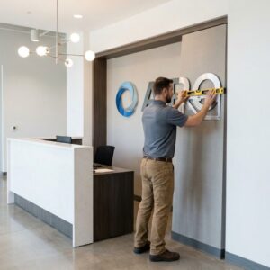 A focused sign installer meticulously positions custom dimensional generic logo elements to complete a large lobby sign on an office wall
